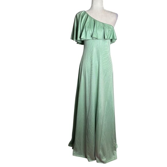 Vintage 70s One Shoulder Mint Green Maxi Dress Small Ruffle Overlay Zipper - Picture 1 of 12